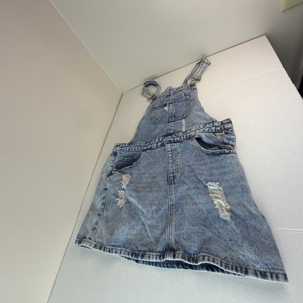 Forever 21 Denim Bib Front Overall Skirt Medium Boho Distressed Daisy Barn Chore